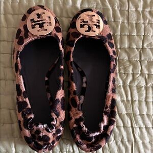 Tory Burch Animal Print Flats with Gold Logo